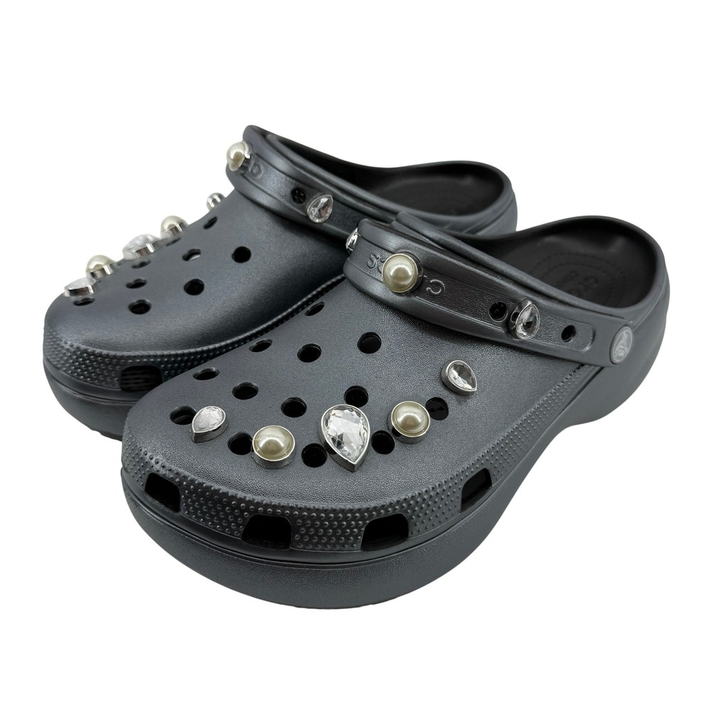 Crocs Classic Platform Clog Crystal Pearls Metallic Gray Women 10 Chunky Y2K New